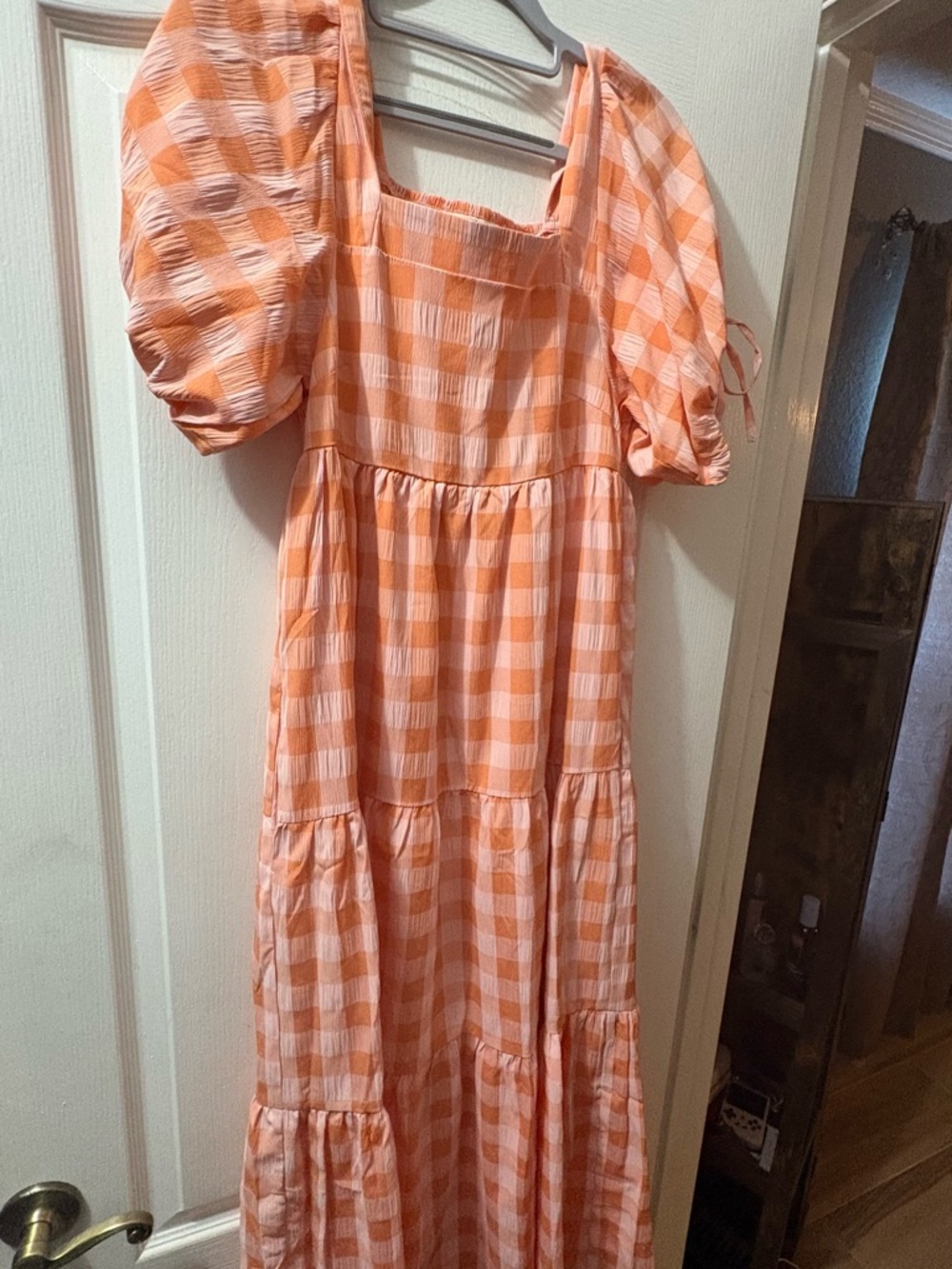 Peach Gingham Puff Sleeve Maxi Dress